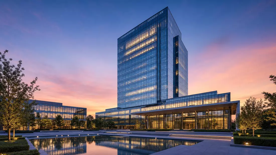 3D-Architekturrender eines gläsernen Bürohochhauses in der Abenddämmerung mit Spiegelteich