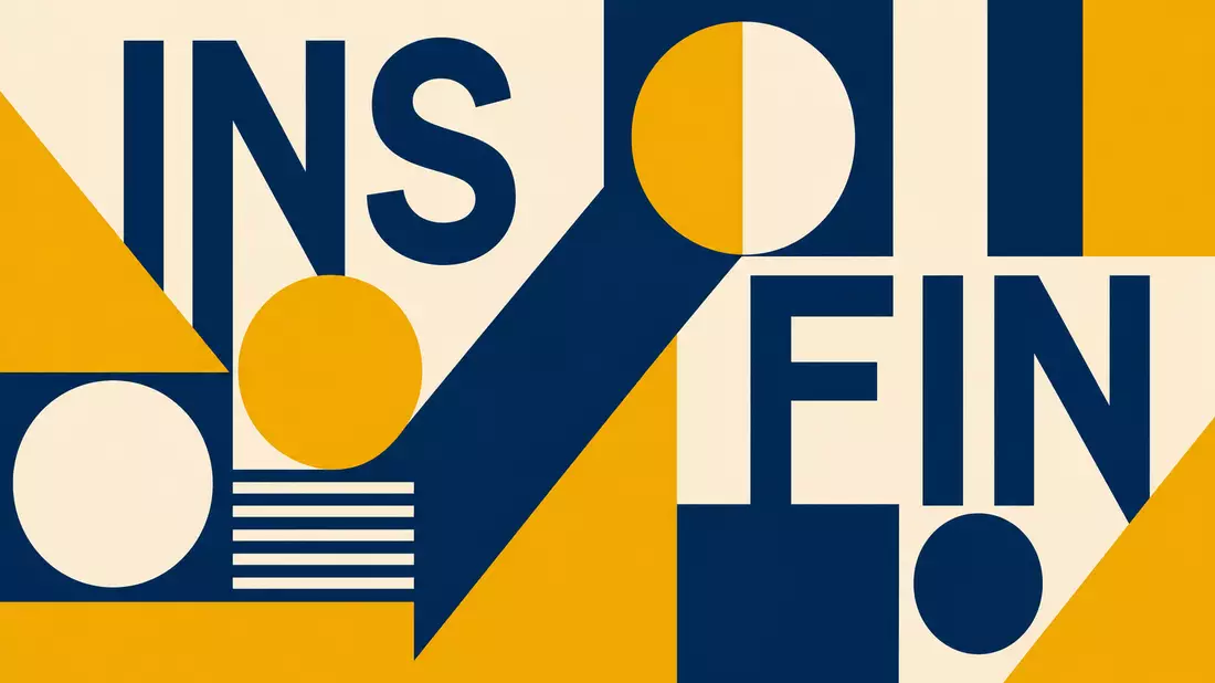 Geometrisches Bauhaus-Poster mit den Buchstaben INS und FIN in Blau, Gelb und Creme