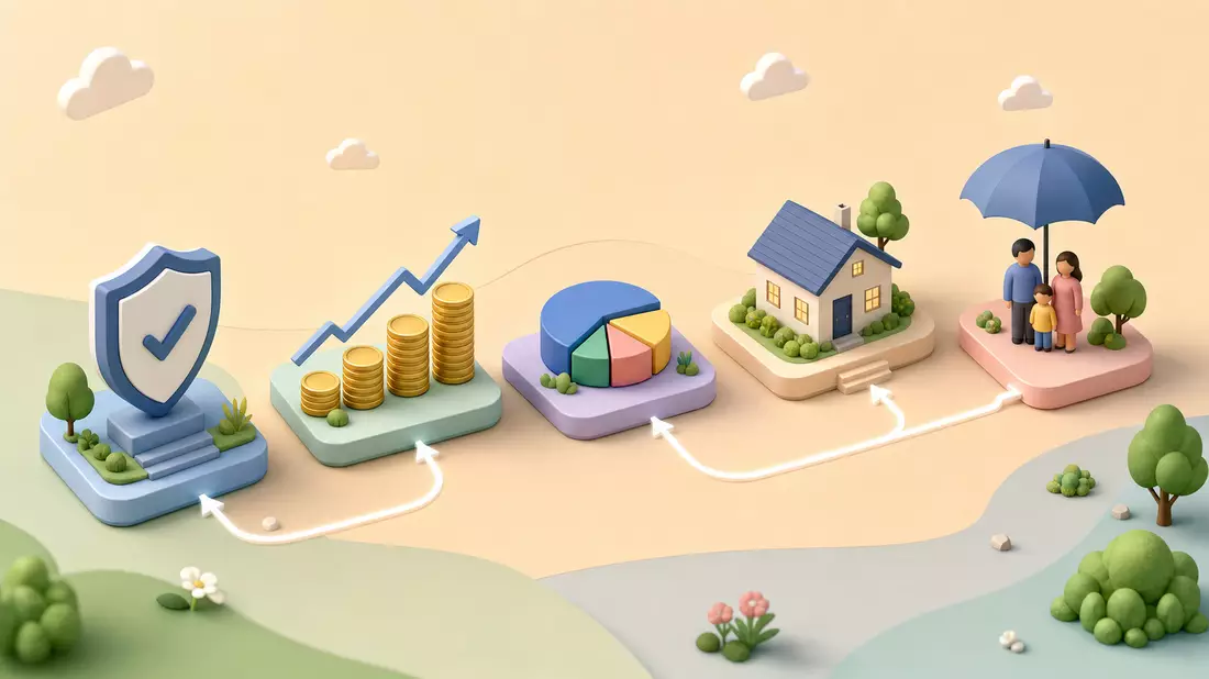Isometrische 3D-Illustration mit Schild, Münzstapel, Diagramm, Haus und Familie unter Schirm