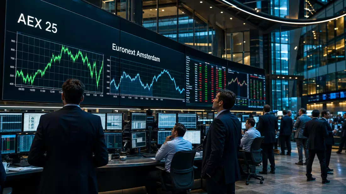 Trading-Floor mit großen Bildschirmen, die AEX 25 und Euronext Amsterdam Charts zeigen