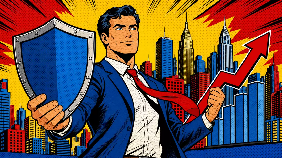 Bunte Pop-Art-Comic-Illustration einer Person mit Schutzschild und steigender Wachstumskurve