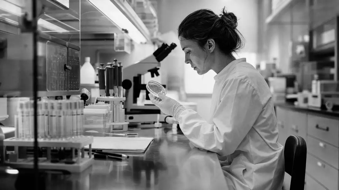 Schwarzweiß-Reportagefoto einer Wissenschaftlerin bei der Untersuchung einer Petrischale im Labor