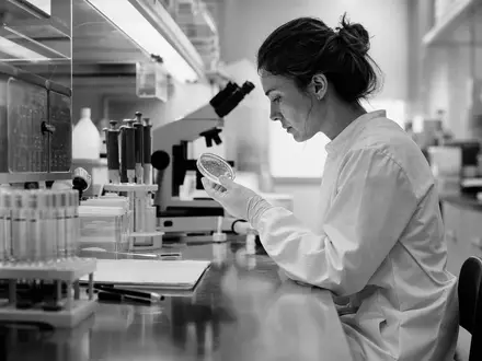 UCB S.A. (BE0003739530) dokumentarisch: authentische Schwarzweiß-Reportage einer Wissenschaftlerin bei sorgfältiger Laboranalyse mit Petrischale - Foto: THN