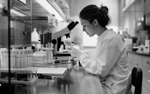 UCB S.A. (BE0003739530) dokumentarisch: authentische Schwarzweiß-Reportage einer Wissenschaftlerin bei sorgfältiger Laboranalyse mit Petrischale - Foto: THN