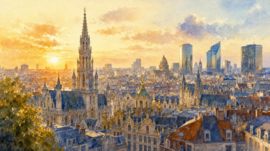 Aquarellmalerei der Brüsseler Skyline mit historischen Türmen und modernen Bürotürmen bei Sonnenuntergang