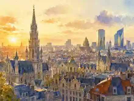 UCB S.A., ISIN BE0003739530, dargestellt durch stimmungsvolles Aquarell der Brüsseler Skyline bei Sonnenuntergang - Foto: THN