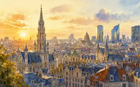 UCB S.A., ISIN BE0003739530, dargestellt durch stimmungsvolles Aquarell der Brüsseler Skyline bei Sonnenuntergang - Foto: THN