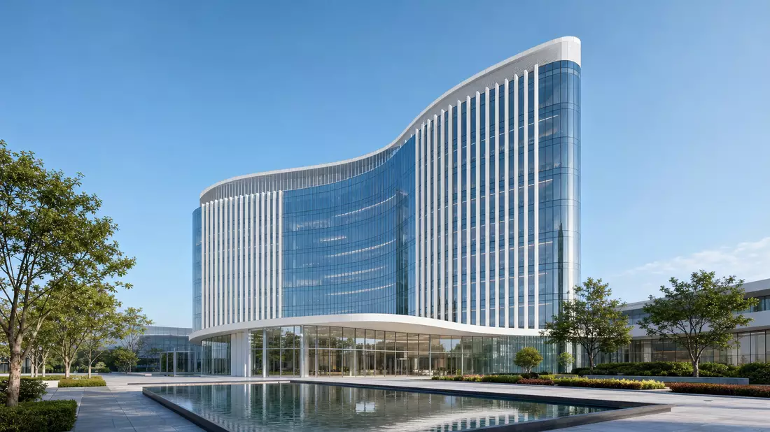 Architektur-Render eines geschwungenen Glasgebäudes mit Reflexionsbecken und begrünter Umgebung