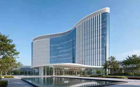 UCB S.A. (BE0003739530) symbolisiert durch elegantes Architektur-Render eines modernen Biopharma-Hauptsitzes mit Glasfassade - Foto: THN