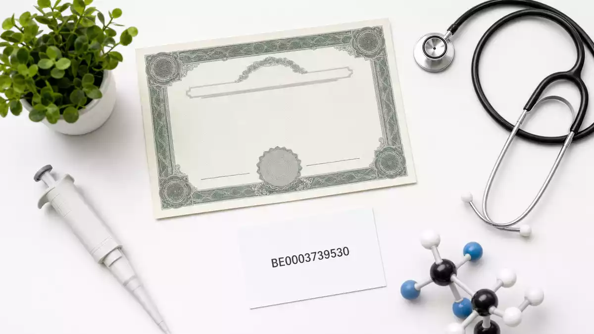 Flatlay mit Aktienzertifikat, ISIN-Karte BE0003739530, Stethoskop und Molekülmodell auf weißem Untergrund