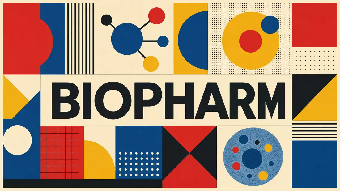 Geometrisches Bauhaus-Poster mit Kreisen, Dreiecken und dem Schriftzug BIOPHARM in Primärfarben