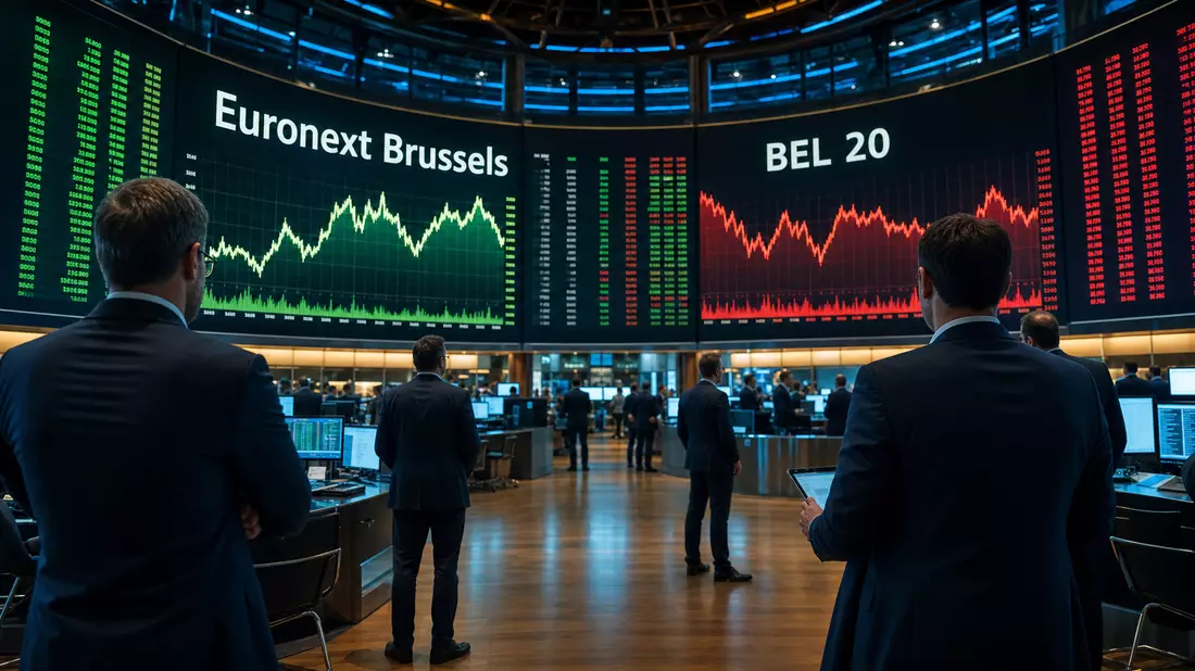 Trading-Floor mit großen Bildschirmen, die Euronext Brussels und BEL 20 Kursverläufe zeigen