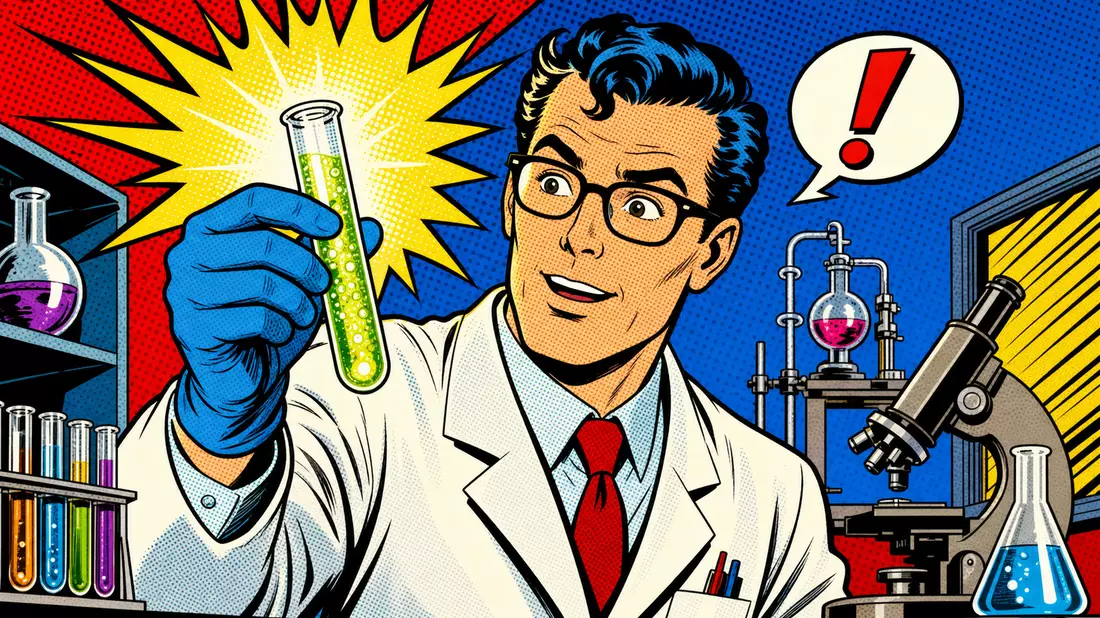 Pop-Art-Comic eines Wissenschaftlers mit leuchtendem Reagenzglas im Labor, bunte Halbtonpunkte