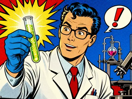 UCB S.A., ISIN BE0003739530, präsentiert als farbenfrohe Pop-Art-Comic-Szene mit begeistertem Wissenschaftler im Labor - Foto: THN