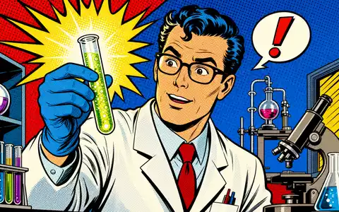 UCB S.A., ISIN BE0003739530, präsentiert als farbenfrohe Pop-Art-Comic-Szene mit begeistertem Wissenschaftler im Labor - Foto: THN