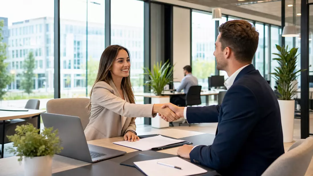 Fotorealistisches Bild eines Vorstellungsgesprächs in einem hellen, modernen Personaldienstleister-Büro