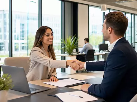 Randstad N.V. (NL0000379121) zeigt fotorealistisch ein Beratungsgespräch zwischen Recruiter und Kandidat im modernen Büro - Foto: THN