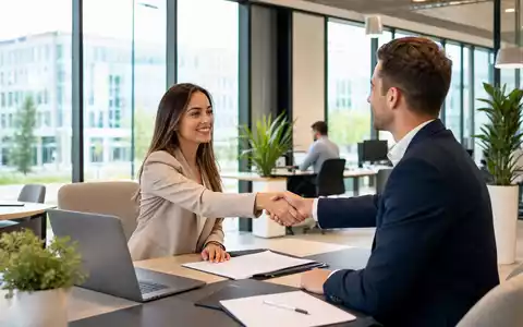 Randstad N.V. (NL0000379121) zeigt fotorealistisch ein Beratungsgespräch zwischen Recruiter und Kandidat im modernen Büro - Foto: THN