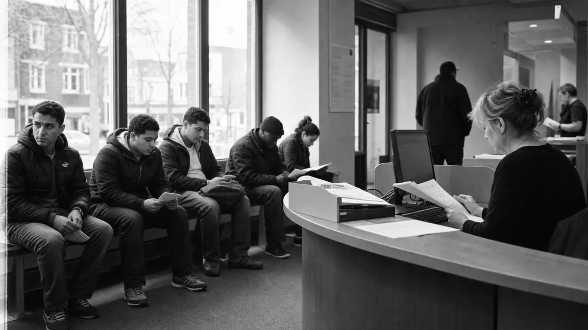 Schwarzweiß-Reportagefoto einer belebten Empfangshalle einer Personalvermittlung mit wartenden Bewerbern