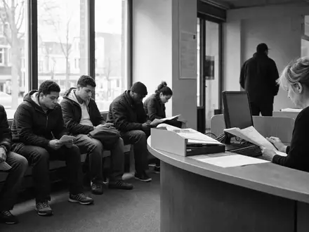 Randstad N.V. (NL0000379121) illustriert per Schwarzweiß-Reportage den Alltag einer geschäftigen Personalvermittlungs-Rezeption in den Niederlanden - Foto: THN