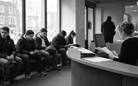 Randstad N.V. (NL0000379121) illustriert per Schwarzweiß-Reportage den Alltag einer geschäftigen Personalvermittlungs-Rezeption in den Niederlanden - Foto: THN