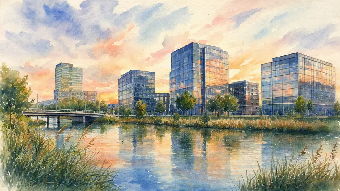 Aquarellmalerei einer modernen niederländischen Bürolandschaft mit Kanal bei Sonnenuntergang