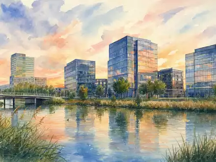 Randstad N.V. (NL0000379121) wird als sanftes Aquarell einer modernen Bürolandschaft in Diemen dargestellt - Foto: THN