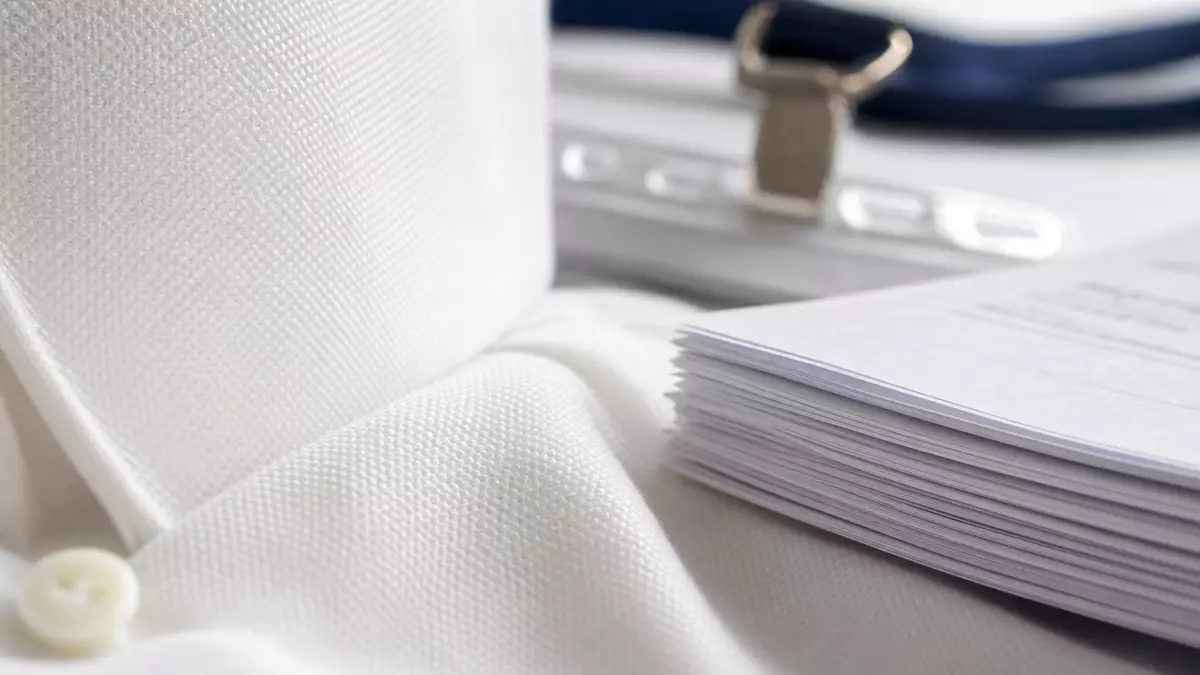 Makrofoto eines Hemdstoffs neben gestapelten Bewerbungsunterlagen mit feiner Papierstruktur