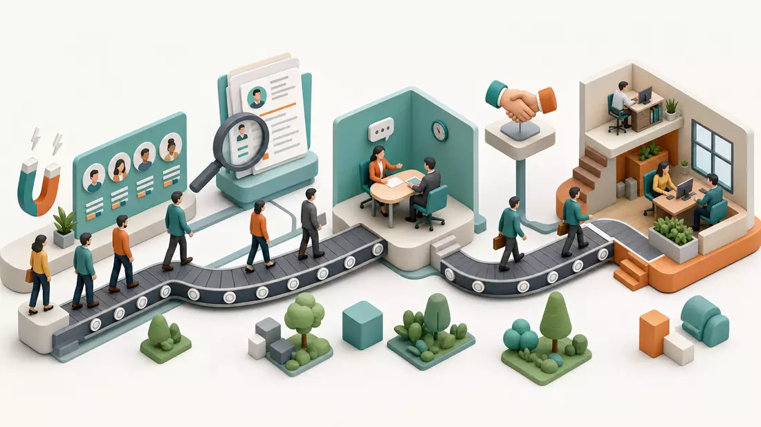 Isometrische 3D-Illustration eines Personalvermittlungsprozesses mit Figuren und Bürogebäuden