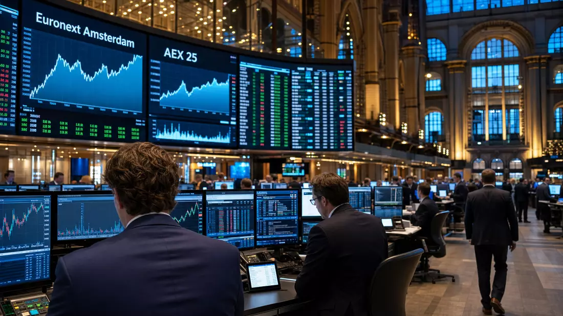 Editorial-Foto eines Börsenhandelsraums mit Bildschirmen zu Euronext Amsterdam und AEX 25