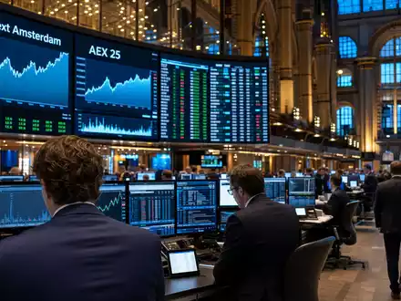 Randstad N.V. (NL0000379121) wird redaktionell mit Handelsraum-Szene von Euronext Amsterdam und AEX 25 dargestellt - Foto: THN