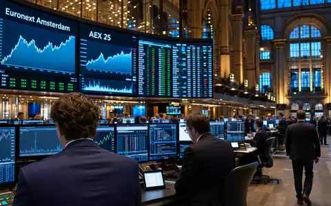 Randstad N.V. (NL0000379121) wird redaktionell mit Handelsraum-Szene von Euronext Amsterdam und AEX 25 dargestellt - Foto: THN