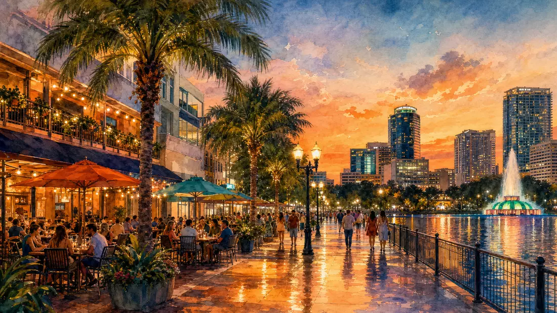 Aquarellillustration der Orlando-Uferpromenade mit beleuchteten Restaurantterrassen bei Sonnenuntergang