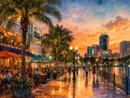 Darden Restaurants US2371941053 als Aquarell: Abendstimmung am Restaurantviertel von Orlando am Seeufer - Foto: THN