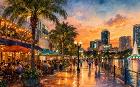 Darden Restaurants US2371941053 als Aquarell: Abendstimmung am Restaurantviertel von Orlando am Seeufer - Foto: THN