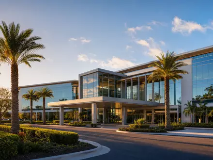 Darden Restaurants US2371941053 Firmensitz als Architektur-Render: moderner Glascampus in Orlando Florida im Abendlicht - Foto: THN