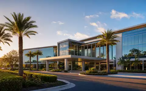 Darden Restaurants US2371941053 Firmensitz als Architektur-Render: moderner Glascampus in Orlando Florida im Abendlicht - Foto: THN