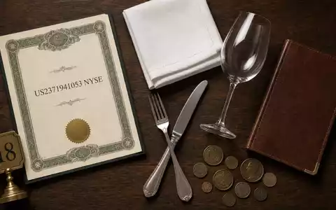 Darden Restaurants US2371941053 als Flatlay mit Aktienzertifikat, Besteck, Weinglas und Ledermenü auf dunklem Eichenholz - Foto: THN
