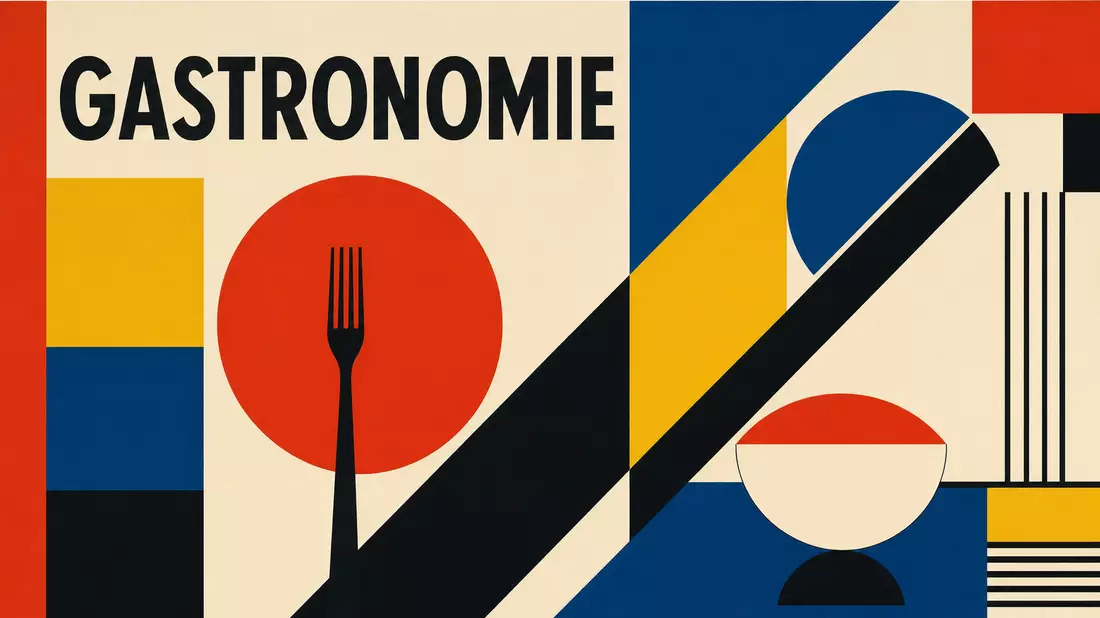 Bauhaus-Grafikposter mit dem Text GASTRONOMIE, Gabel-Silhouette und geometrischen Primärfarbflächen