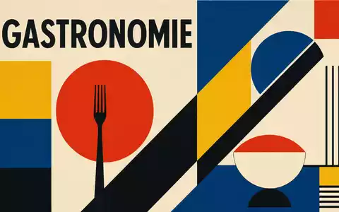 Darden Restaurants US2371941053 als Bauhaus Poster mit Sektortext GASTRONOMIE und geometrischen Primärfarben Rot Blau Gelb - Foto: THN