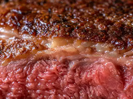 Darden Restaurants US2371941053 Makro: extreme Nahaufnahme einer gegrillten Rippensteak Kruste mit sichtbarer Marmorierung - Foto: THN