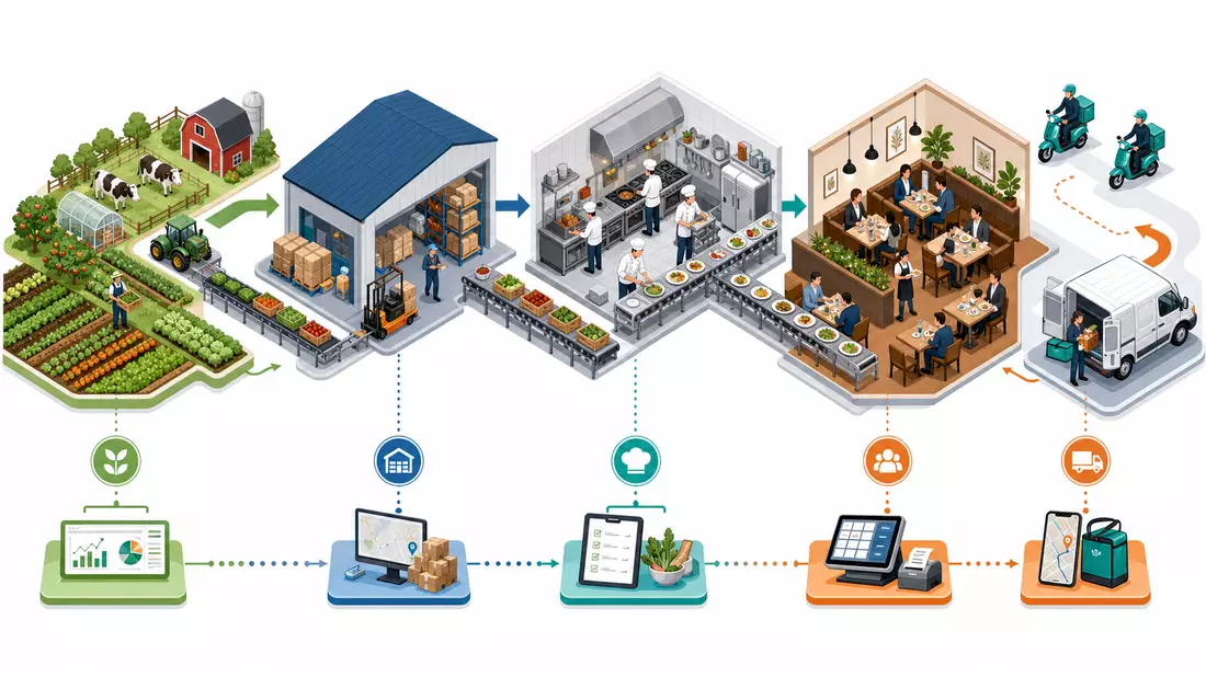Isometrische 3D-Illustration der Restaurantwertschöpfungskette von Landwirtschaft bis zum Gastgast