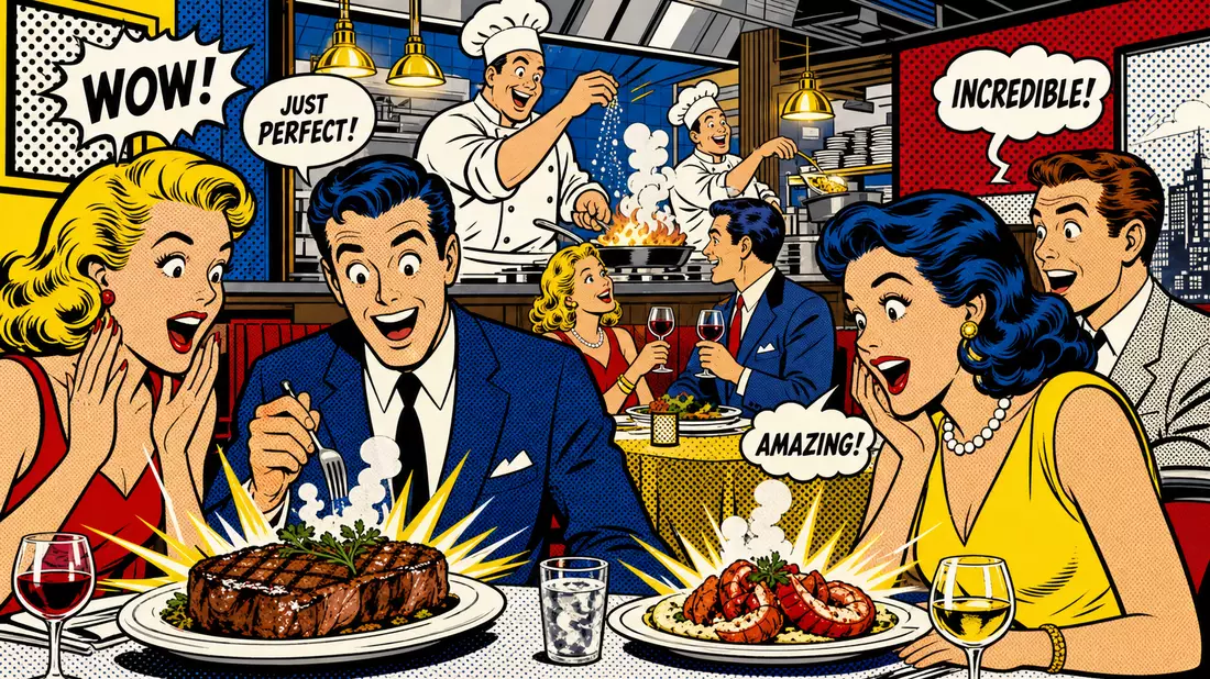Pop-Art-Comicillustration einer amerikanischen Restaurantszene mit Sprechblasen und Köchen im Lichtenstein-Stil