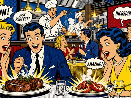 Darden Restaurants US2371941053 als Pop Art Comic: lebhafte Lichtenstein Restaurantszene mit begeisterten Gästen und Köchen - Foto: THN