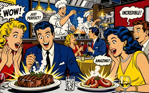 Darden Restaurants US2371941053 als Pop Art Comic: lebhafte Lichtenstein Restaurantszene mit begeisterten Gästen und Köchen - Foto: THN