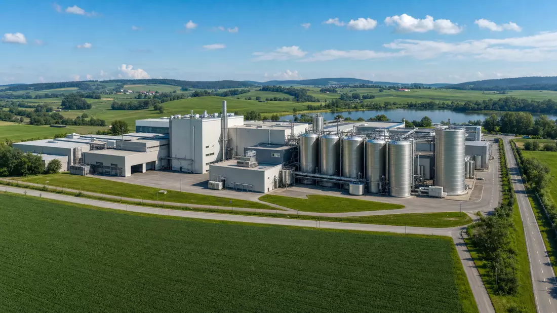 Fotorealistisches Luftbild eines modernen Milchwerks in grüner Landschaft
