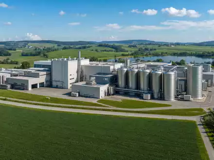Danone S.A. Milchverarbeitungswerk FR0000120644 in europäischer Agrarlandschaft mit großen Silos und grünen Feldern - Foto: THN