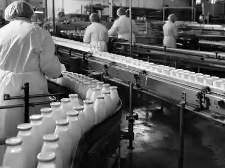 Danone S.A. Produktionsanlage FR0000120644 in dokumentarischem Schwarzweiß mit Förderbändern und vielen Milchflaschen - Foto: THN
