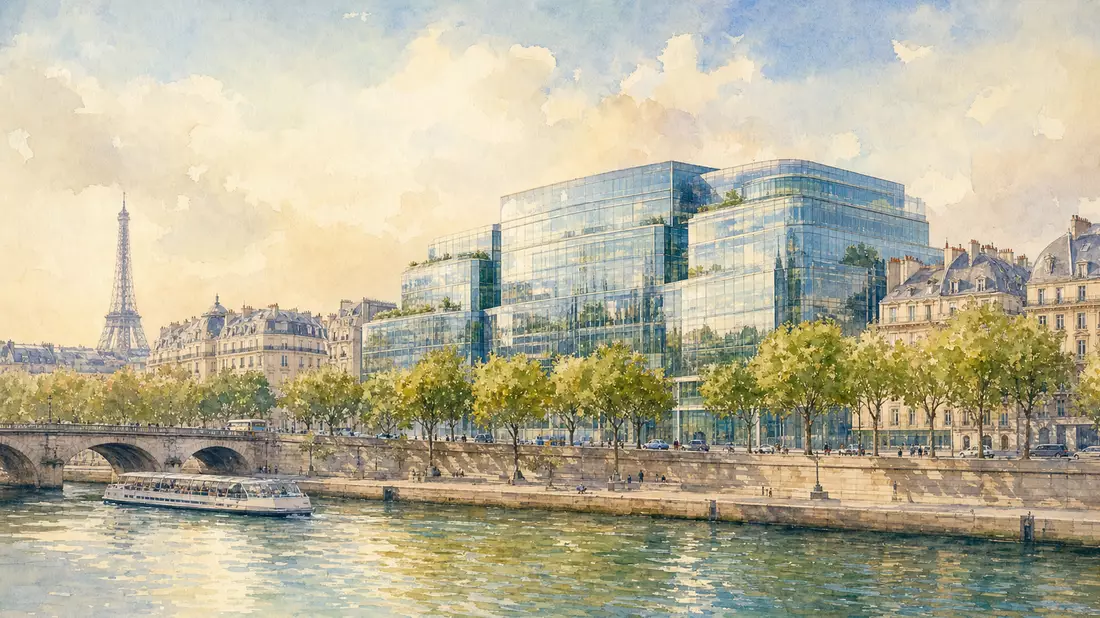 Aquarell eines modernen Glasgebäudes an der Pariser Seine mit Eiffelturm