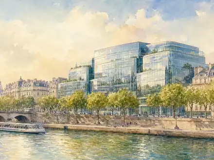 Aquarellmalerei zeigt Danone S.A. Firmensitz FR0000120644 an der Seine in Paris bei warmem Nachmittagslicht - Foto: THN